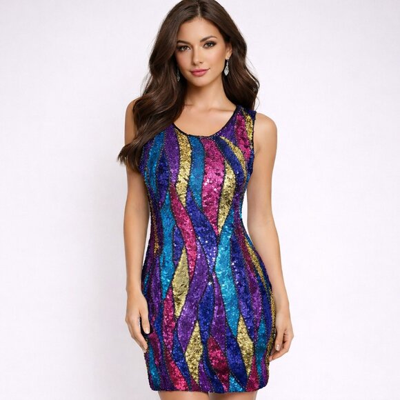 Vintage 1980s Sean Silk Sequined Cocktail Party Dress Size Small Pink Gold Blue - Picture 1 of 13